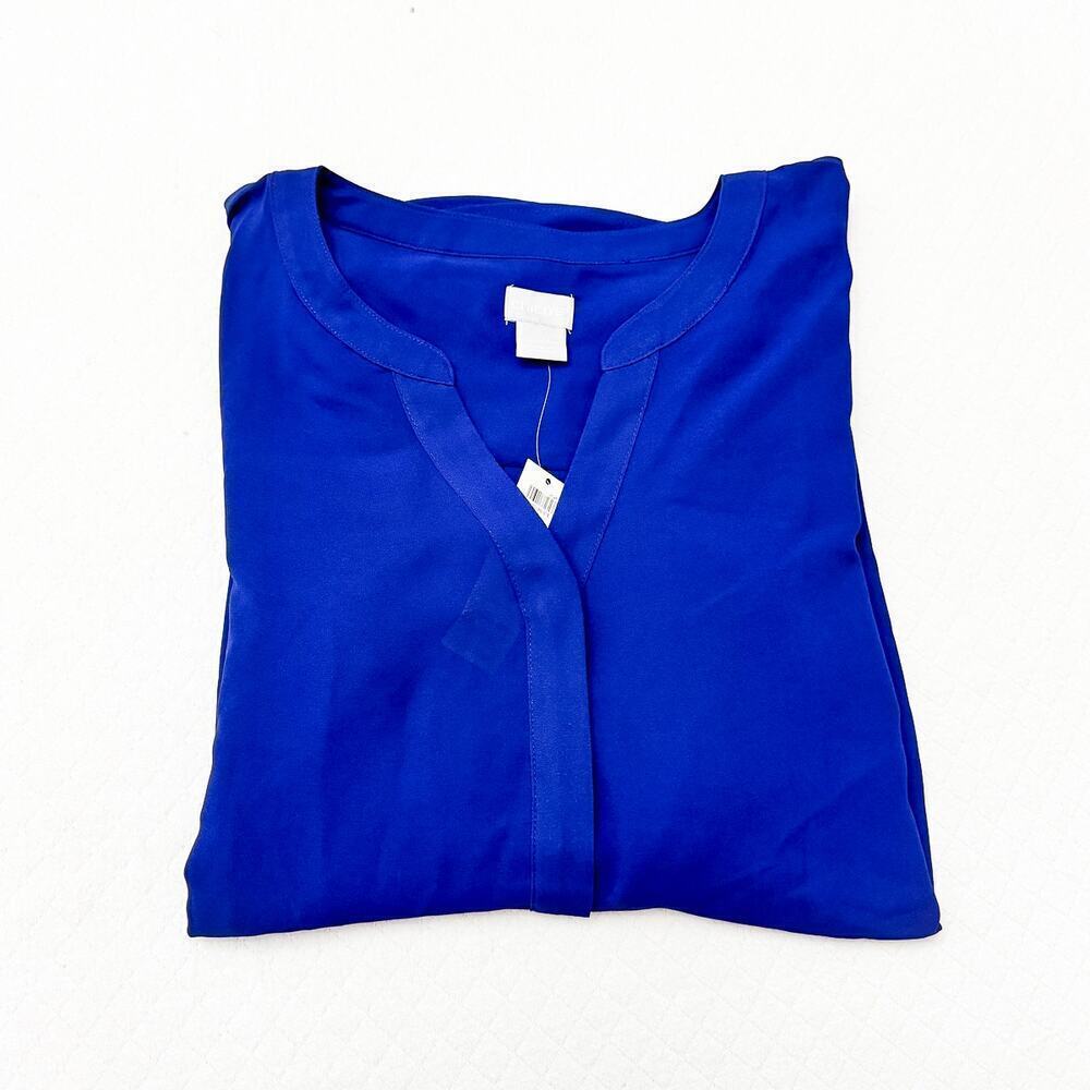 Chicos Flutter Sleeve Blouse Solid Crepe Top Seafaring Blue Size 4 NWT $90